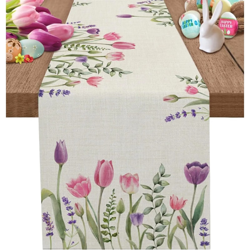 Easter Tulip Lavender Linen Table Runner for Spring Floral Wedding Table Decor