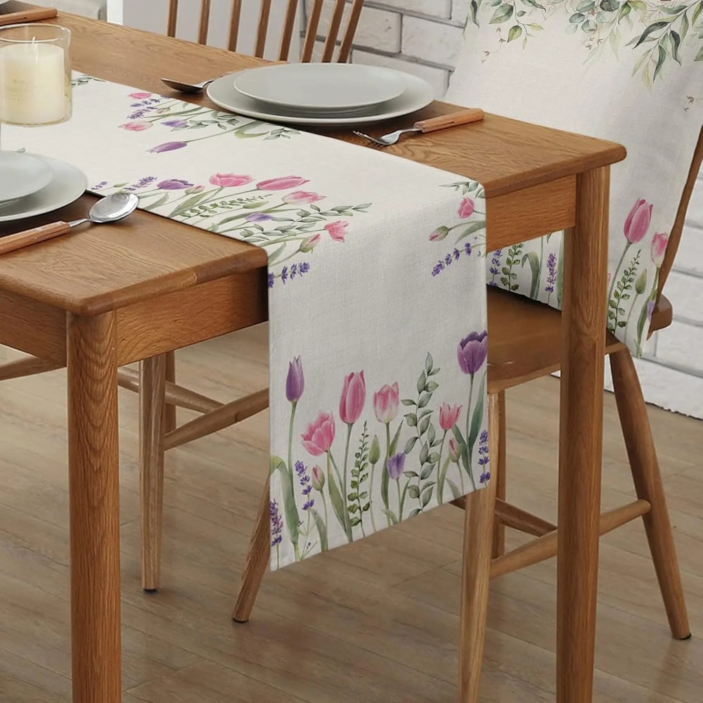 Easter Tulip Lavender Linen Table Runner for Spring Floral Wedding Table Decor