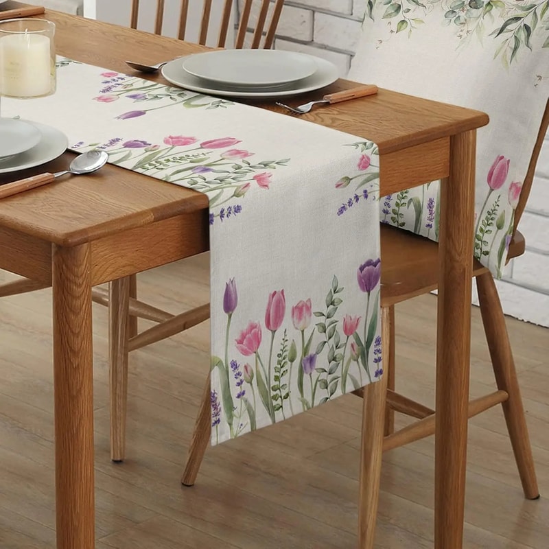 Easter Tulip Lavender Linen Table Runner for Spring Floral Wedding Table Decor