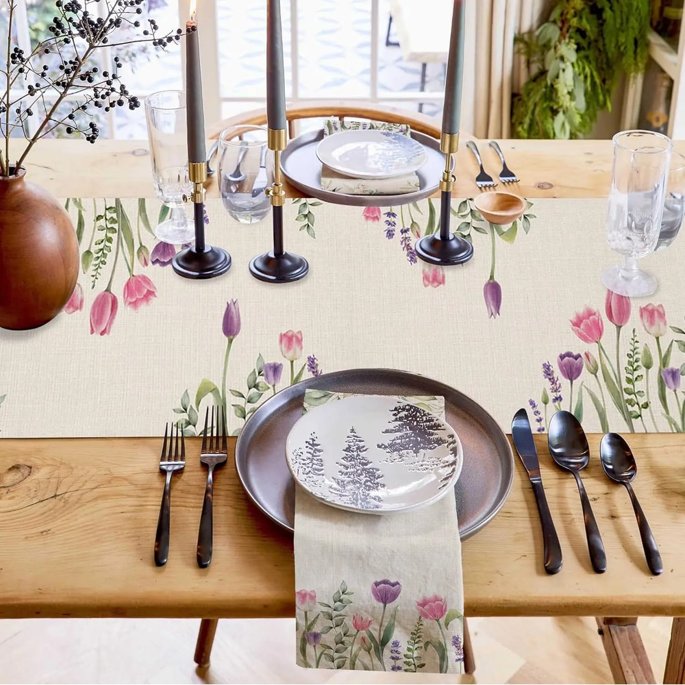 Easter Tulip Lavender Linen Table Runner for Spring Floral Wedding Table Decor
