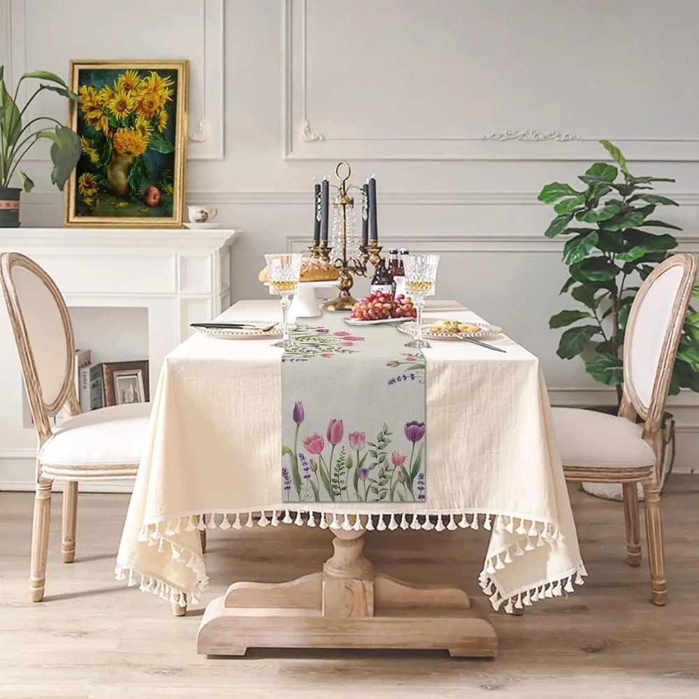 Easter Tulip Lavender Linen Table Runner for Spring Floral Wedding Table Decor