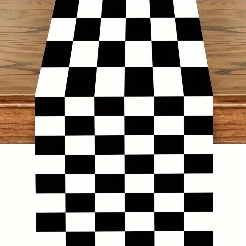 Black White Checkerboard Linen Table Runner for Dining Tables and Dresser Decor