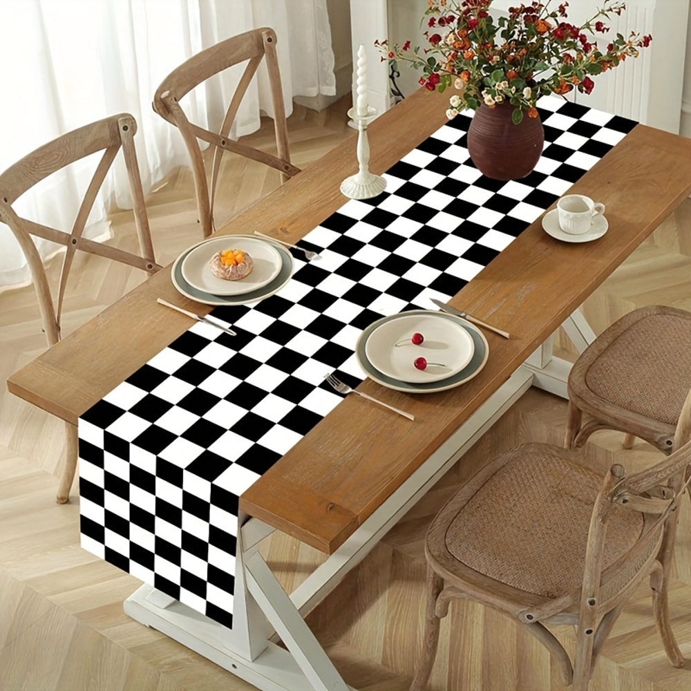 Black White Checkerboard Linen Table Runner for Dining Tables and Dresser Decor