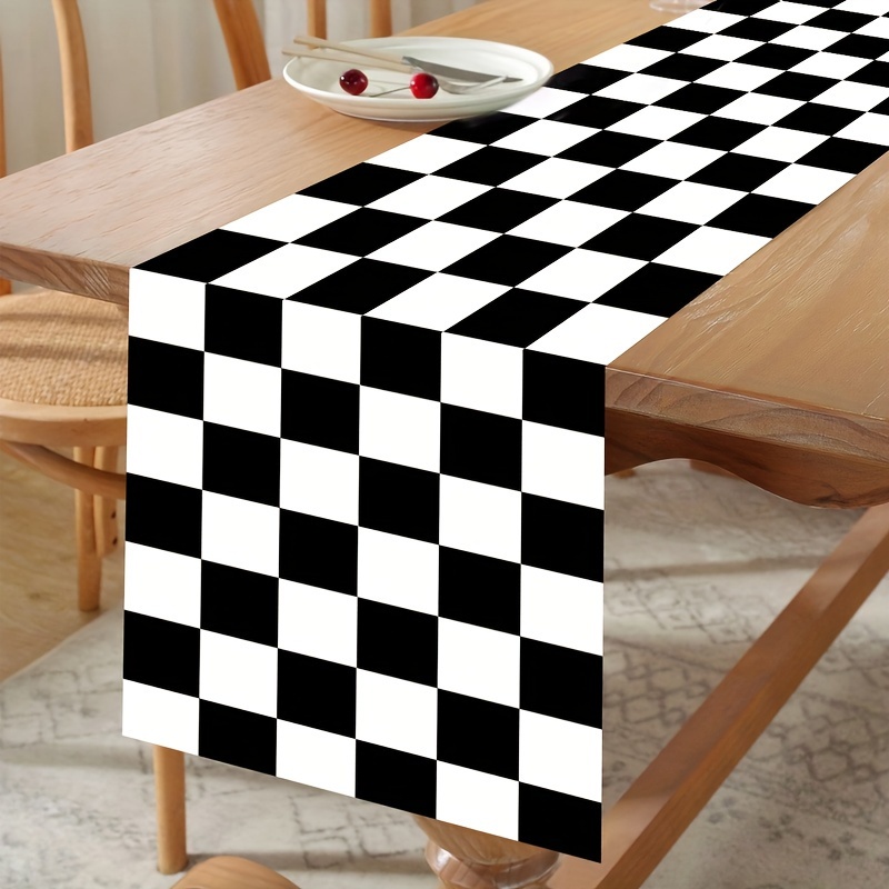 Black White Checkerboard Linen Table Runner for Dining Tables and Dresser Decor