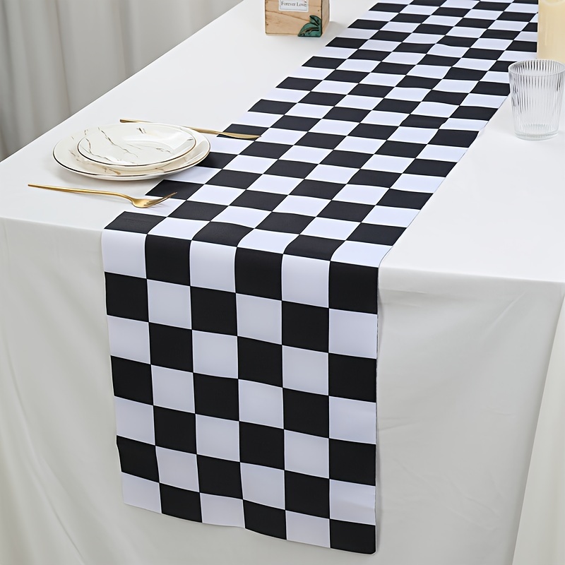 Black White Checkerboard Linen Table Runner for Dining Tables and Dresser Decor