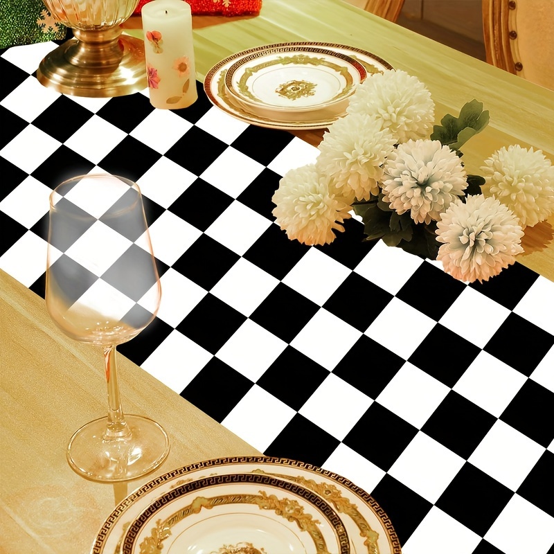 Black White Checkerboard Linen Table Runner for Dining Tables and Dresser Decor