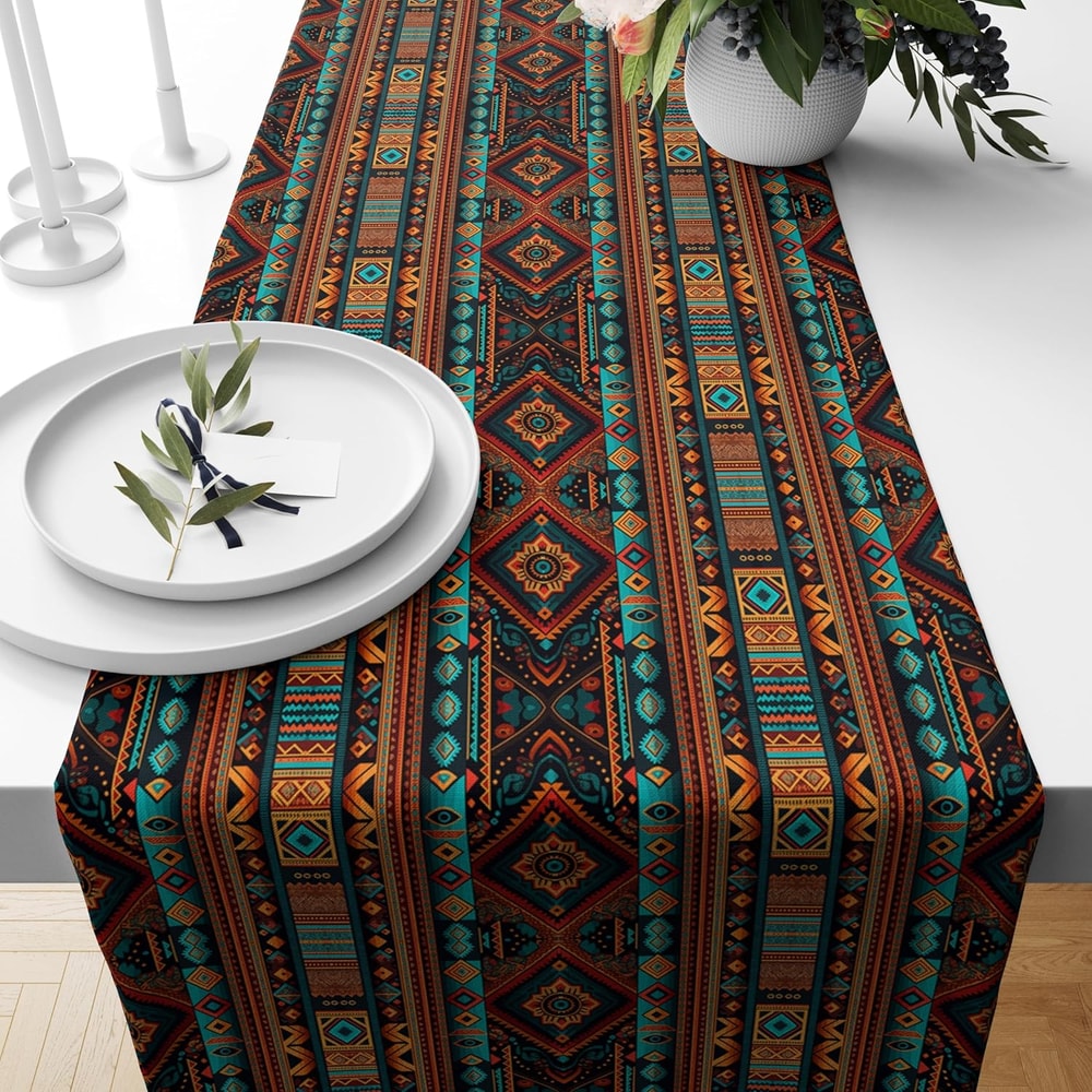 Southwestern Aztec Table Runner Linen Boho Dining Decor 0