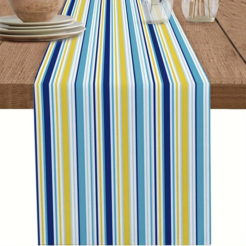 Vintage Blue Yellow Linen Table Runner Farmhouse Striped Design For Dining Kitchen 0