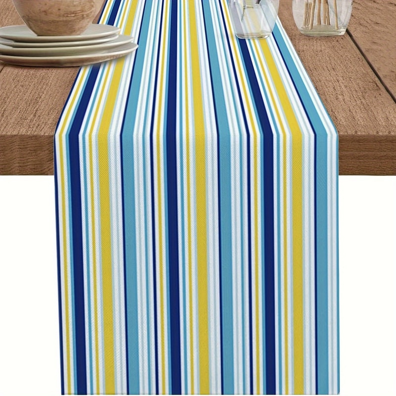 Vintage Blue Yellow Linen Table Runner Farmhouse Striped Design For Dining Kitchen 0