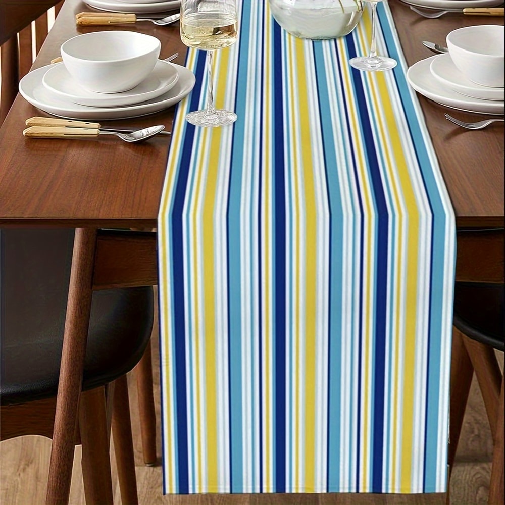 Vintage Blue Yellow Linen Table Runner Farmhouse Striped Design For Dining Kitchen 2