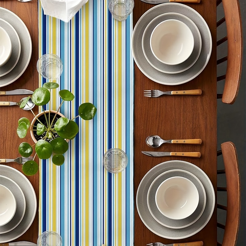 Vintage Blue Yellow Linen Table Runner Farmhouse Striped Design For Dining Kitchen 3