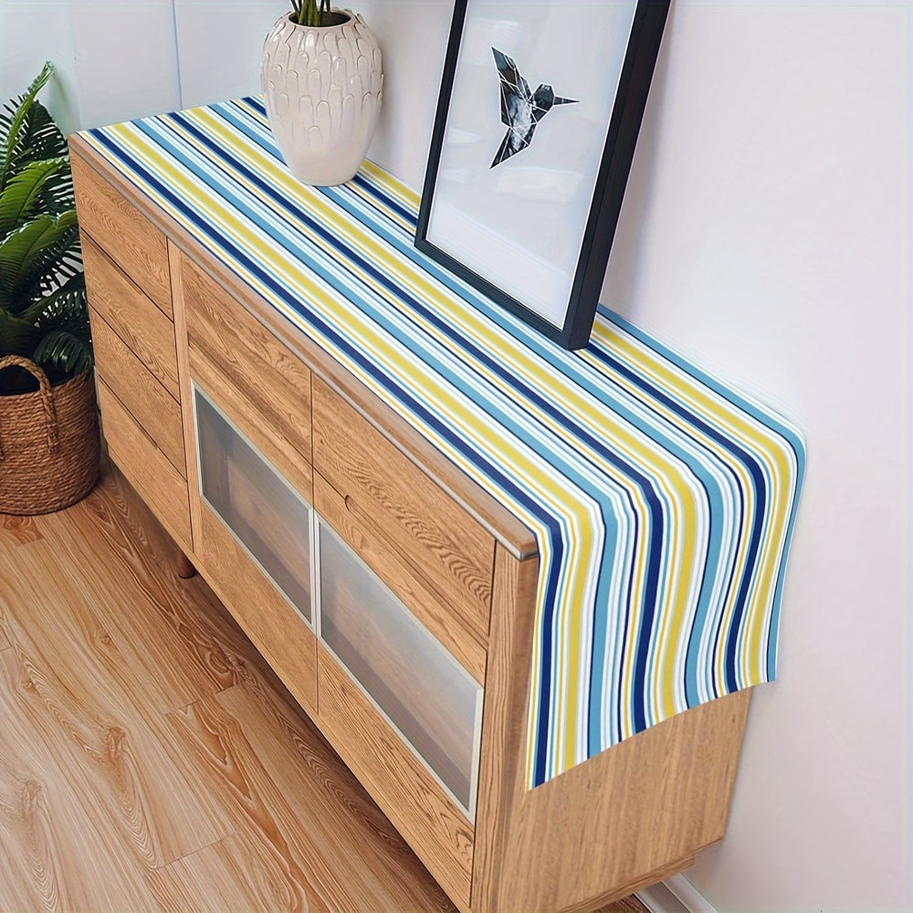 Vintage Blue Yellow Linen Table Runner Farmhouse Striped Design For Dining Kitchen 4