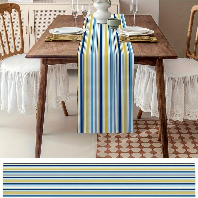 Vintage Blue Yellow Linen Table Runner Farmhouse Striped Design For Dining Kitchen 5