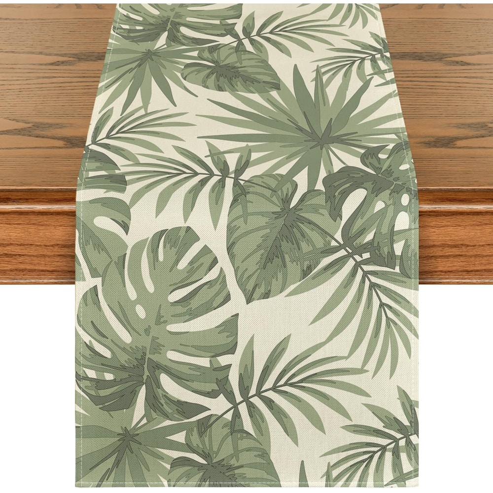Green Leaf Linen Table Runner For Kitchen Dining Wedding Decor 0