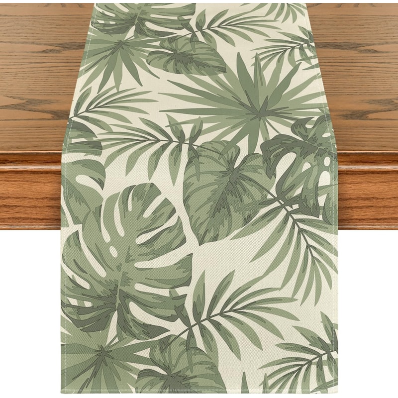 Green Leaf Linen Table Runner For Kitchen Dining Wedding Decor 0