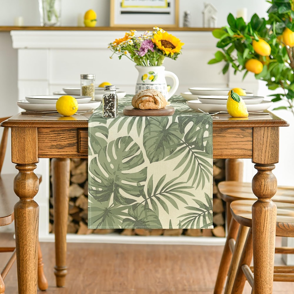 Green Leaf Linen Table Runner For Kitchen Dining Wedding Decor 1