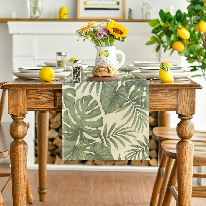 Green Leaf Linen Table Runner For Kitchen Dining Wedding Decor 1
