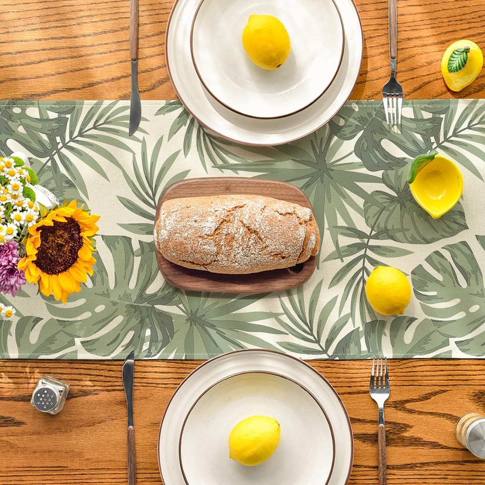 Green Leaf Linen Table Runner For Kitchen Dining Wedding Decor 2