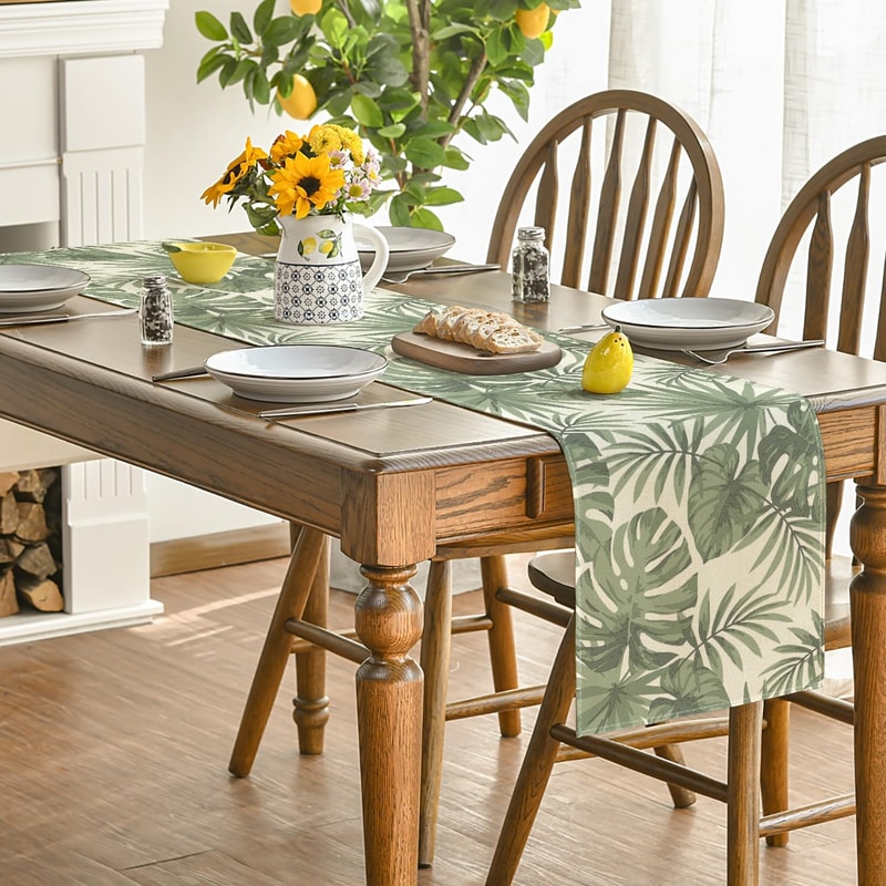 Green Leaf Linen Table Runner For Kitchen Dining Wedding Decor 3