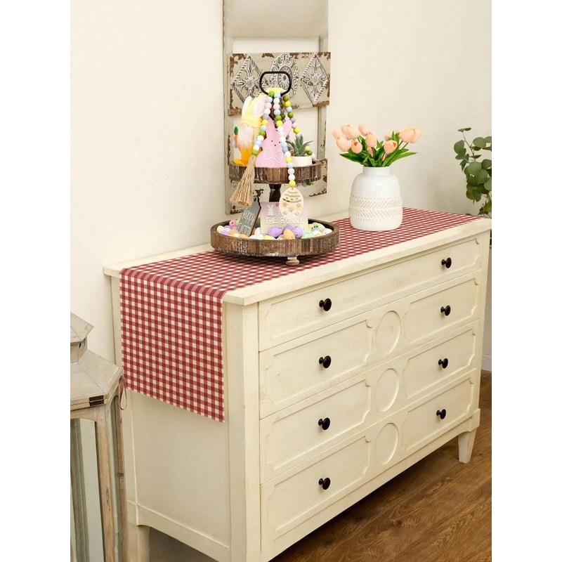 Classic Red Gingham Check Table Runner For Dining Room Kitchen Decor 0