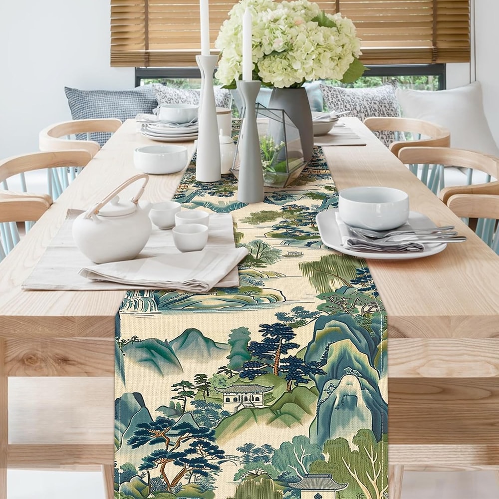 Chinoiserie Landscape Linen Table Runner For Elegant Dining Decor 1