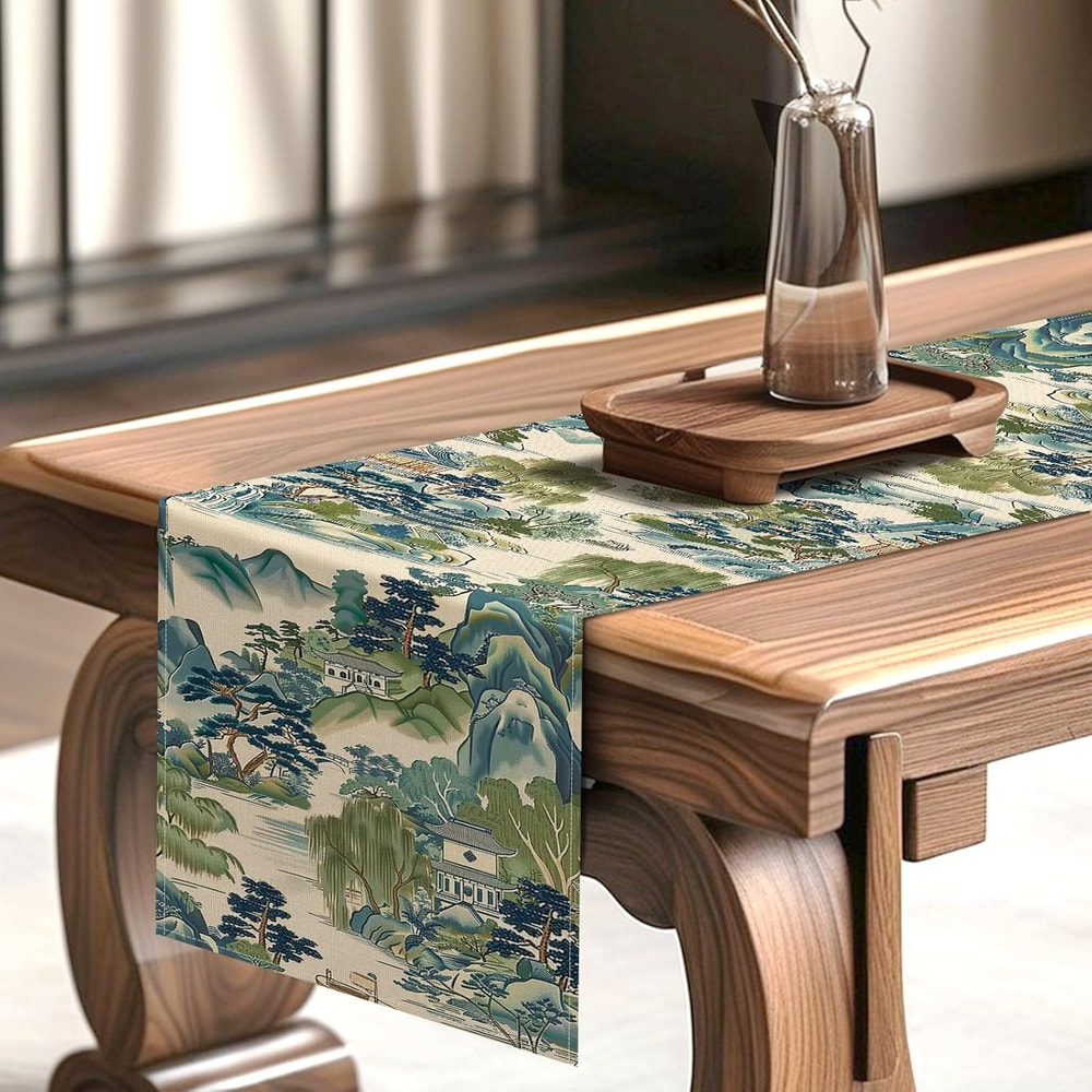 Chinoiserie Landscape Linen Table Runner For Elegant Dining Decor 2