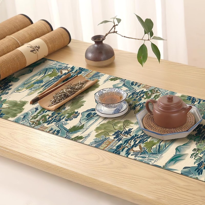 Chinoiserie Landscape Linen Table Runner For Elegant Dining Decor 3