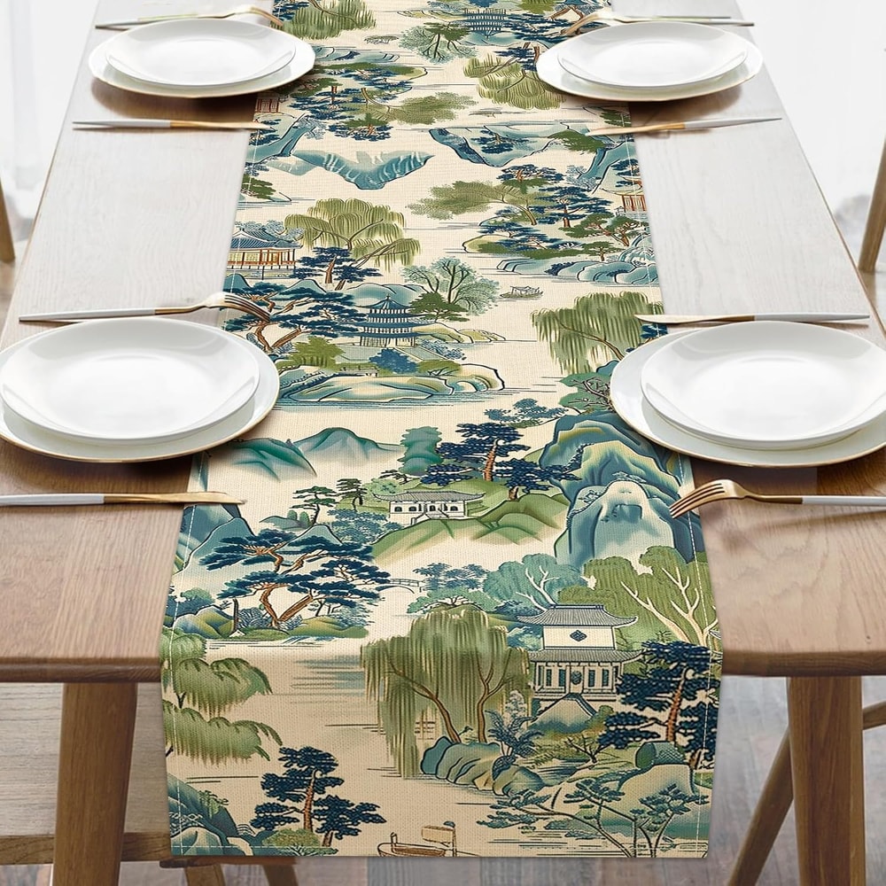 Chinoiserie Landscape Linen Table Runner For Elegant Dining Decor 4