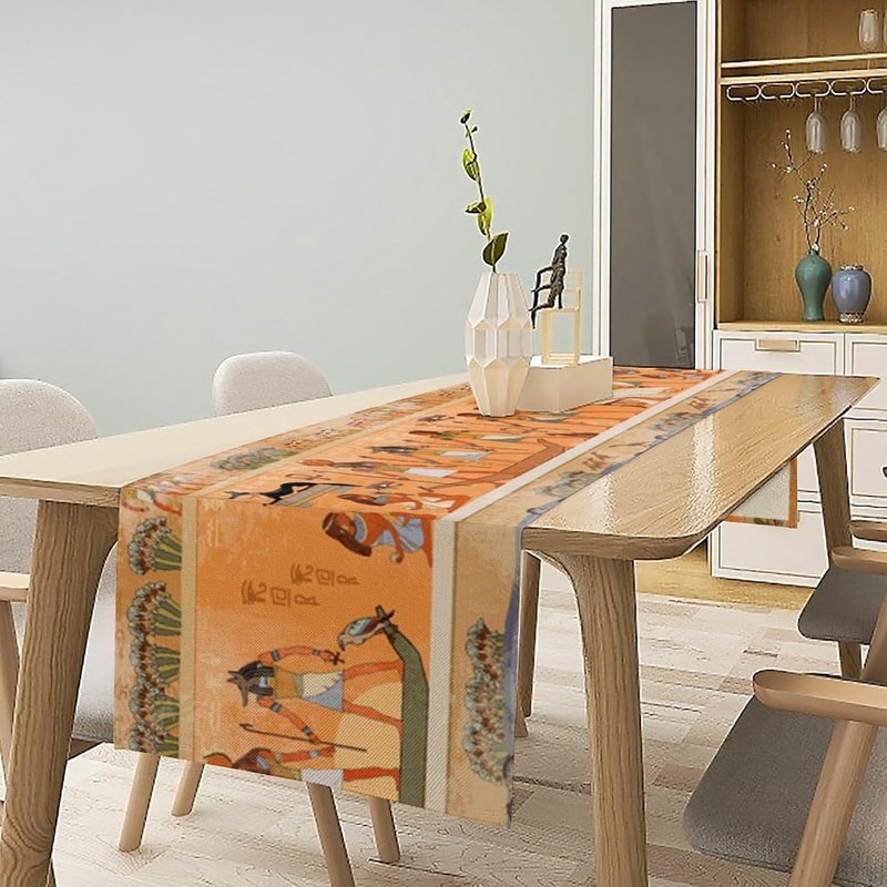 Ancient Egypt Linen Table Runner With Pharaoh And Hieroglyphic Design 1