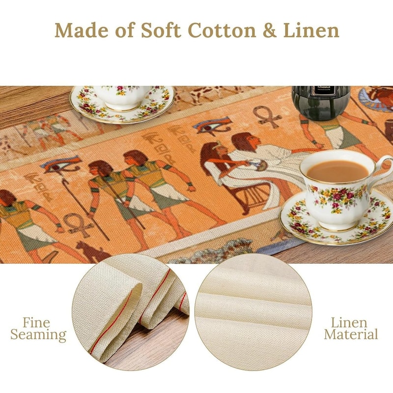 Ancient Egypt Linen Table Runner With Pharaoh And Hieroglyphic Design 4