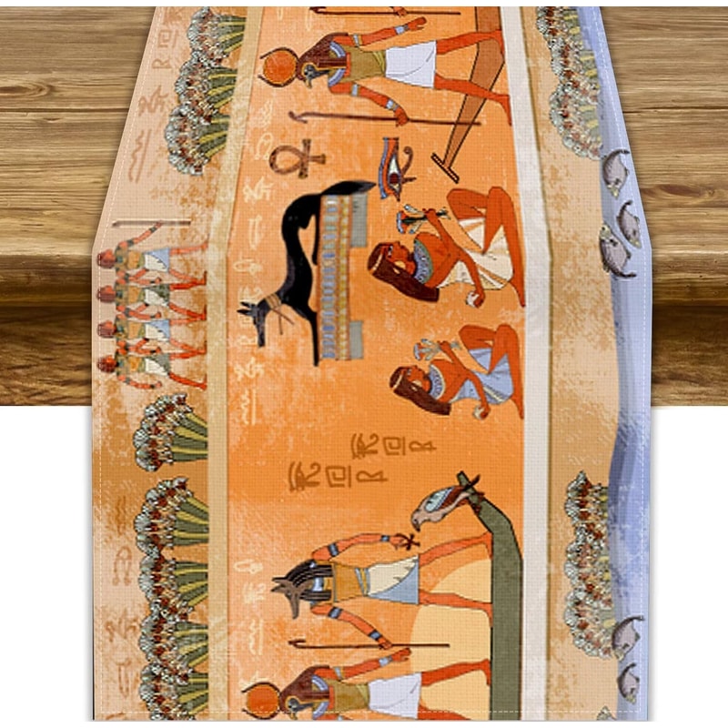 Ancient Egypt Linen Table Runner With Pharaoh And Hieroglyphic Design 5