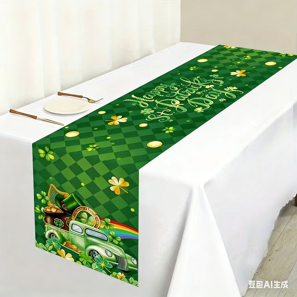 Premium Green Clover St Patricks Day Table Runner Shamrock Table Decor for Holiday & Spring Dining