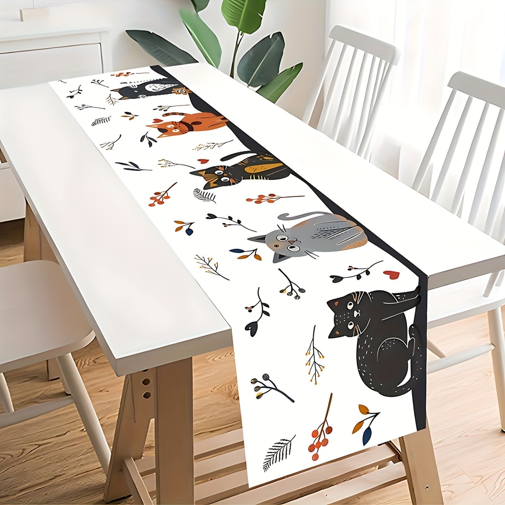 Festive Cat Christmas Table Runner For Dining Holiday Kitchen Decor Linen 1