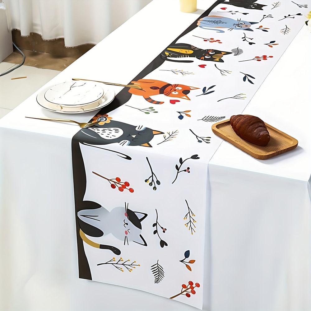 Festive Cat Christmas Table Runner For Dining Holiday Kitchen Decor Linen 2