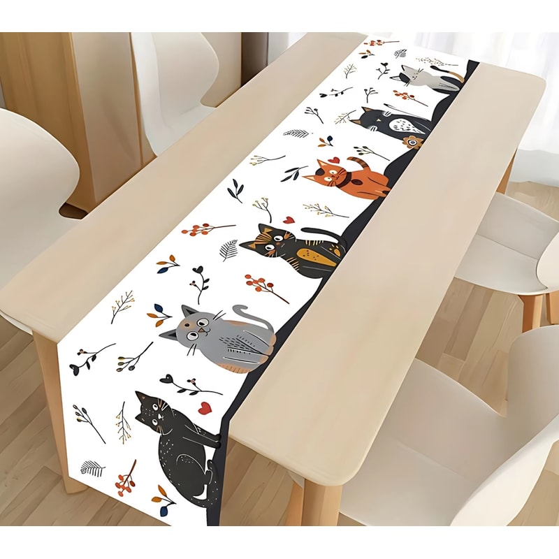 Festive Cat Christmas Table Runner For Dining Holiday Kitchen Decor Linen 3