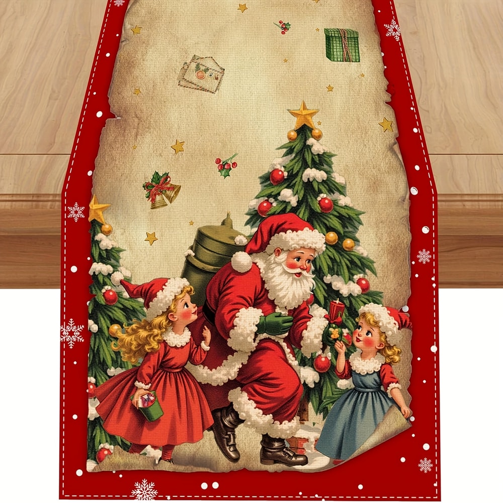 Vintage Christmas Table Runner with Santa Classic Red & Green Holiday Dining Decor
