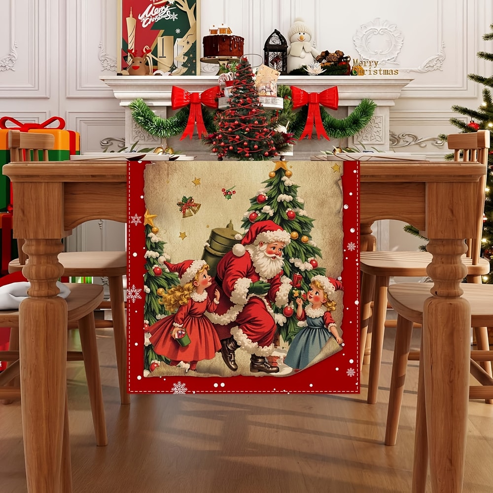 Vintage Christmas Table Runner with Santa Classic Red & Green Holiday Dining Decor