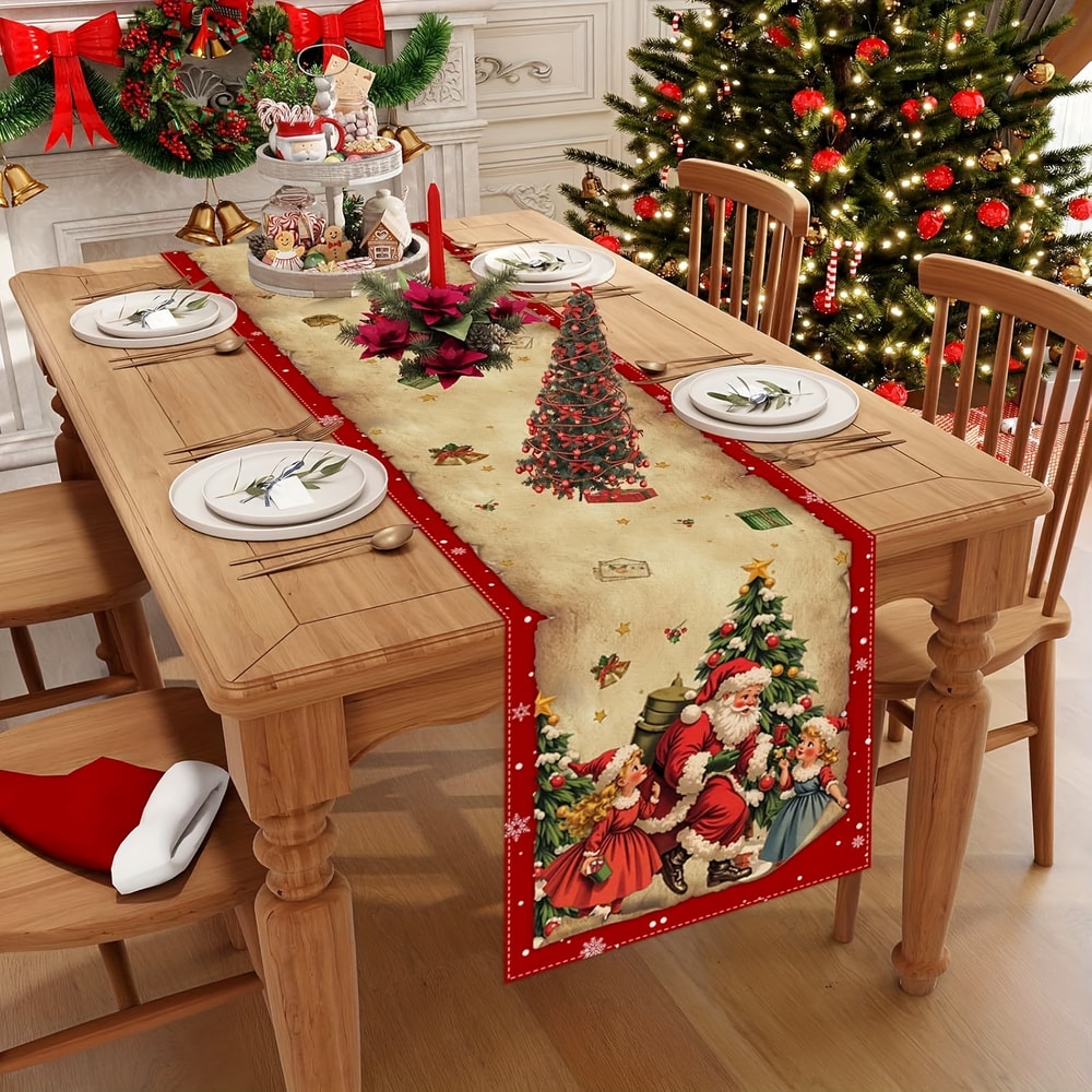 Vintage Christmas Table Runner with Santa Classic Red & Green Holiday Dining Decor