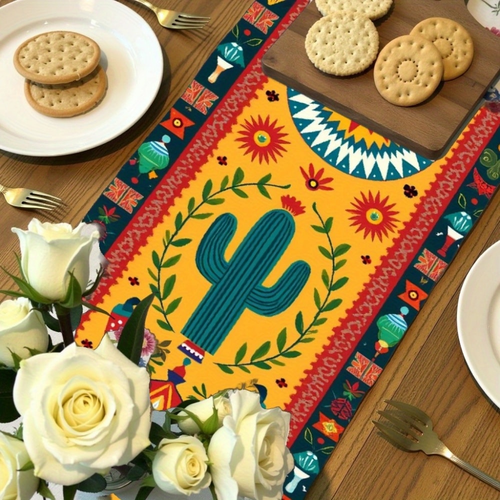 Mexican Cactus Floral Table Runner for Fiesta Kitchen and Coffee Table Decor