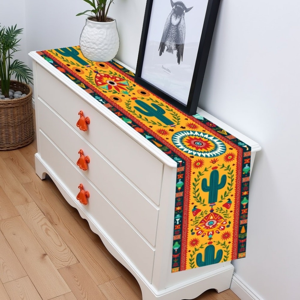 Mexican Cactus Floral Table Runner for Fiesta Kitchen and Coffee Table Decor