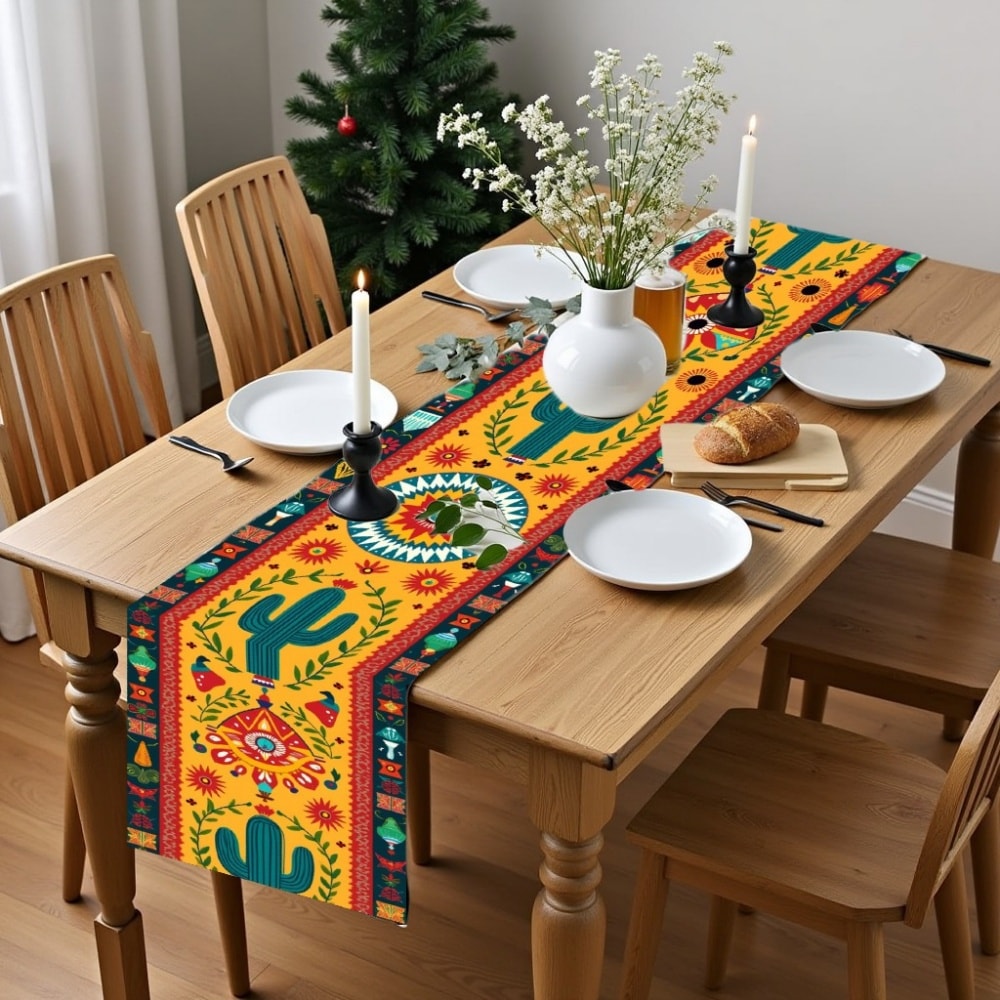 Mexican Cactus Floral Table Runner for Fiesta Kitchen and Coffee Table Decor