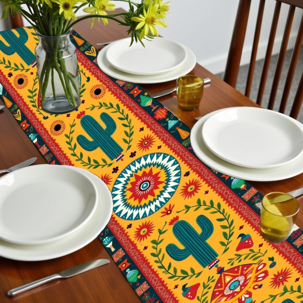 Mexican Cactus Floral Table Runner for Fiesta Kitchen and Coffee Table Decor