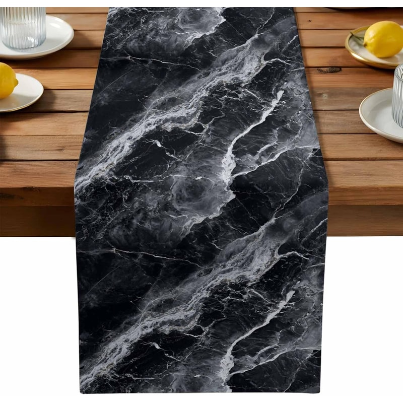 Gray Marble Texture Washable Linen Table Runner For Dining Room Decor 0