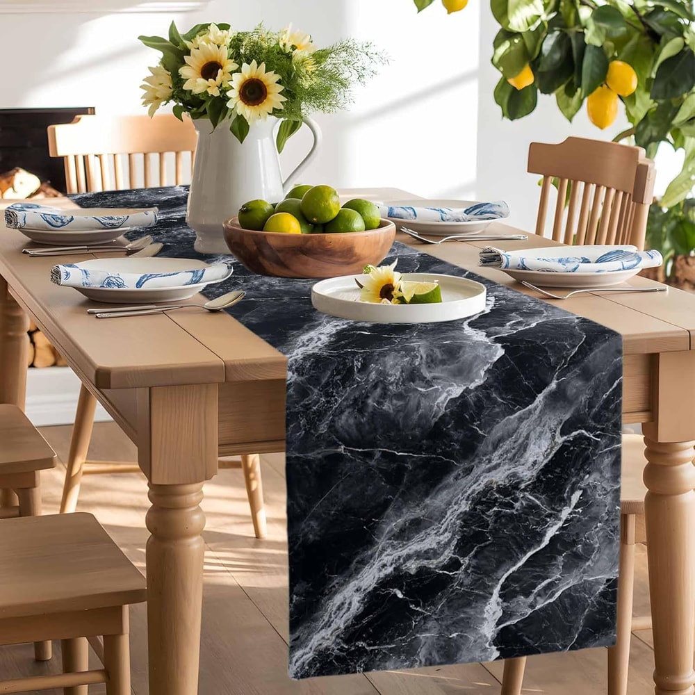Gray Marble Texture Washable Linen Table Runner For Dining Room Decor 2
