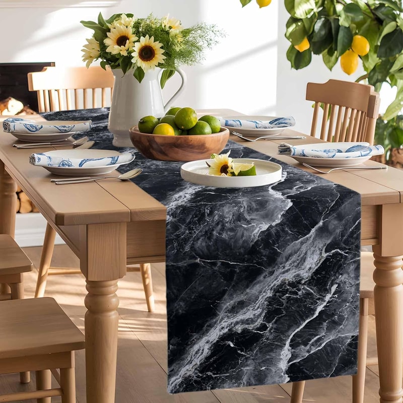 Gray Marble Texture Washable Linen Table Runner For Dining Room Decor 2