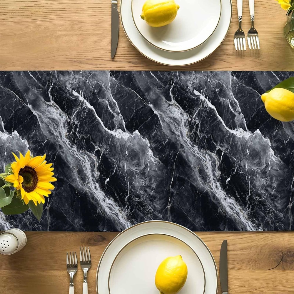 Gray Marble Texture Washable Linen Table Runner For Dining Room Decor 3
