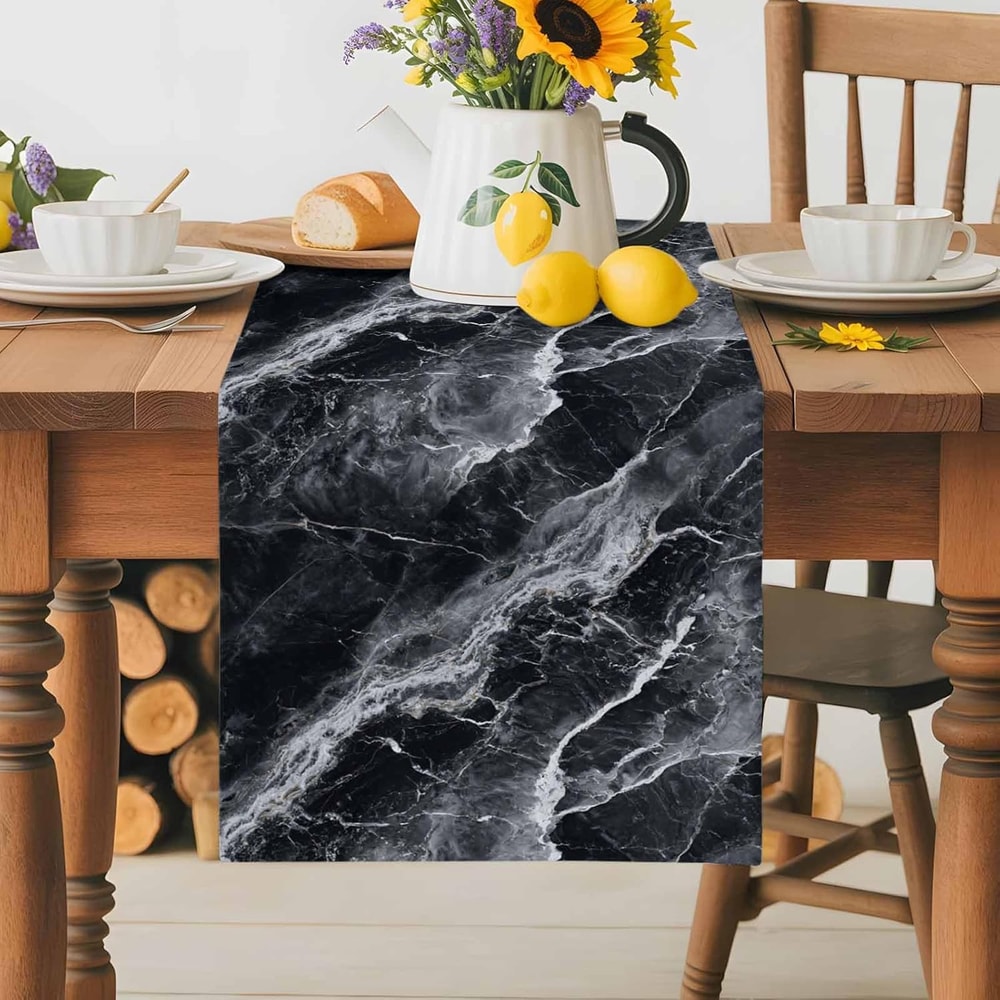 Gray Marble Texture Washable Linen Table Runner For Dining Room Decor 4