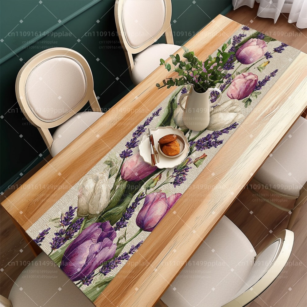 Elegant Pastel Floral Spring Table Runner Watercolor Tulip & Lavender Dining Table Decor