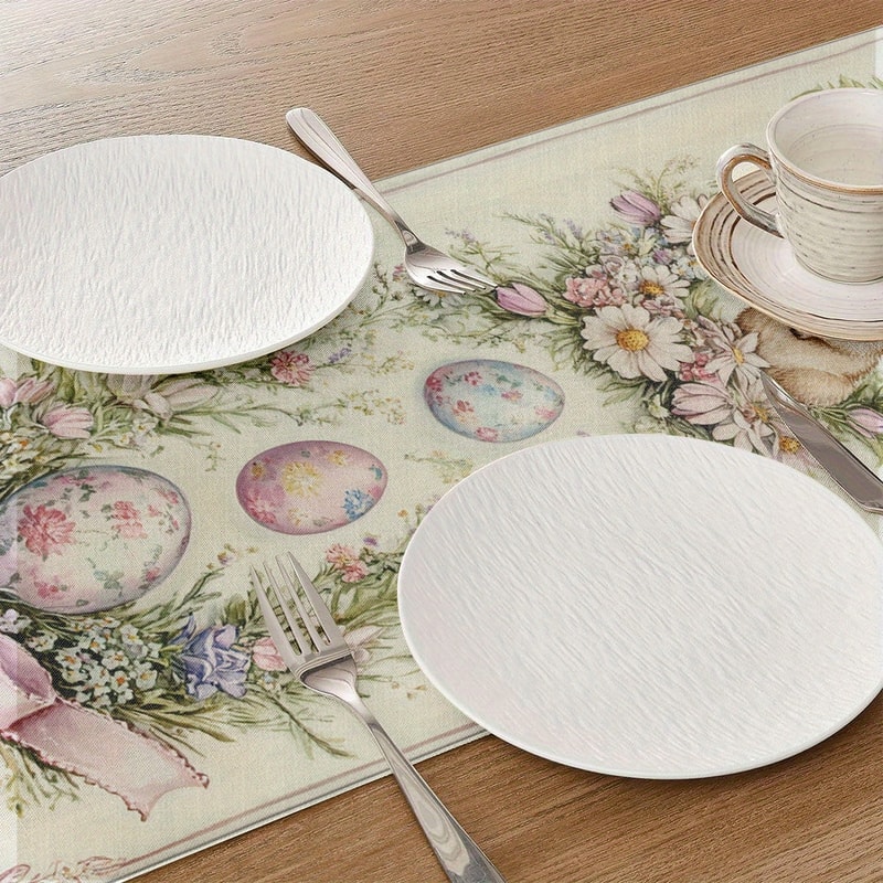 Easter Egg Floral Linen Table Runner For Spring Dining Decor 1