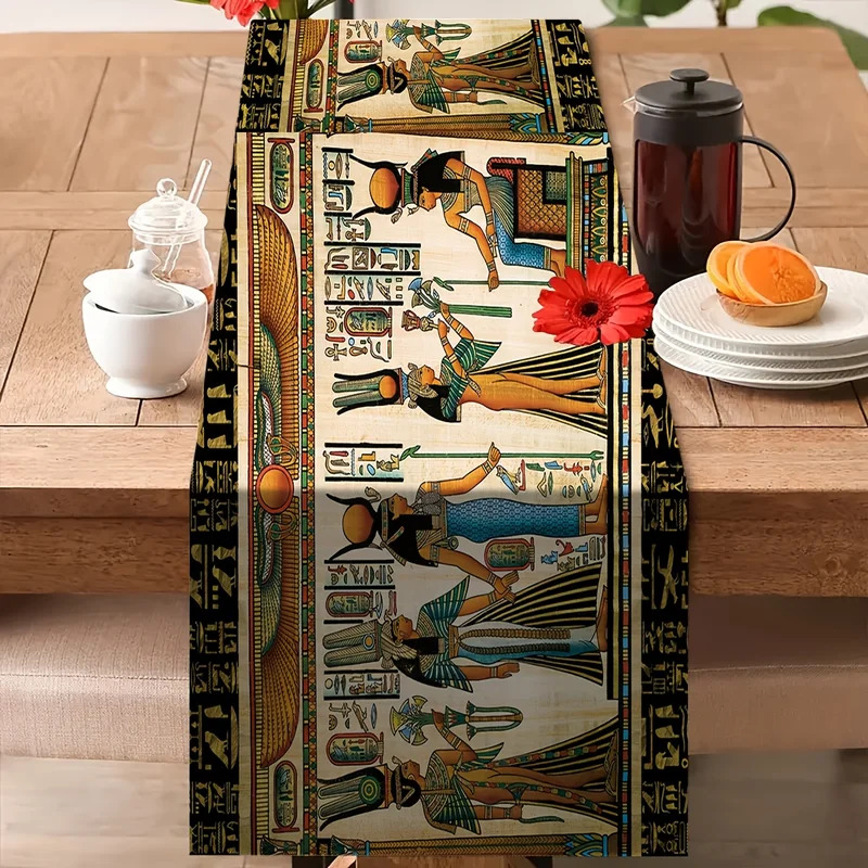 Ancient Egyptian Linen Table Runner Washable Retro Tablecloth For Dining Decor 0